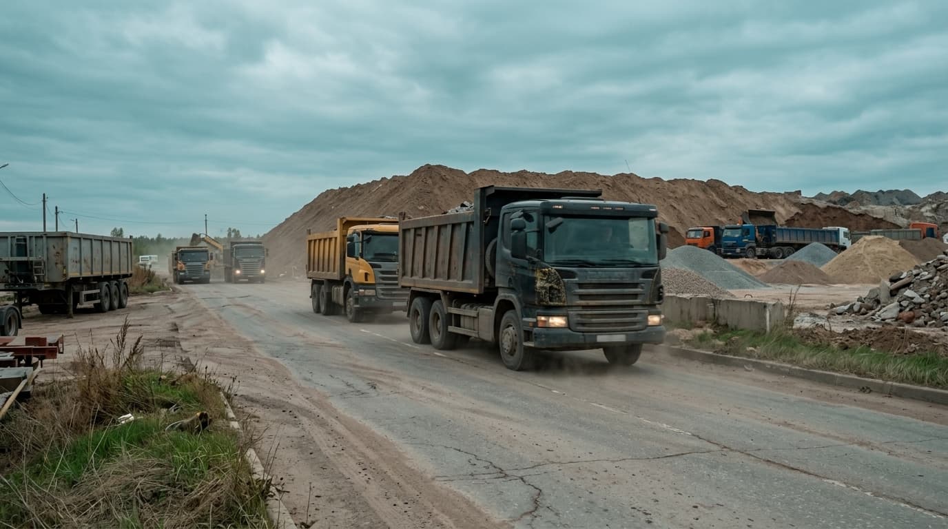 Колонна самосвалов на трассе — цифровой контроль рейсов IQoko