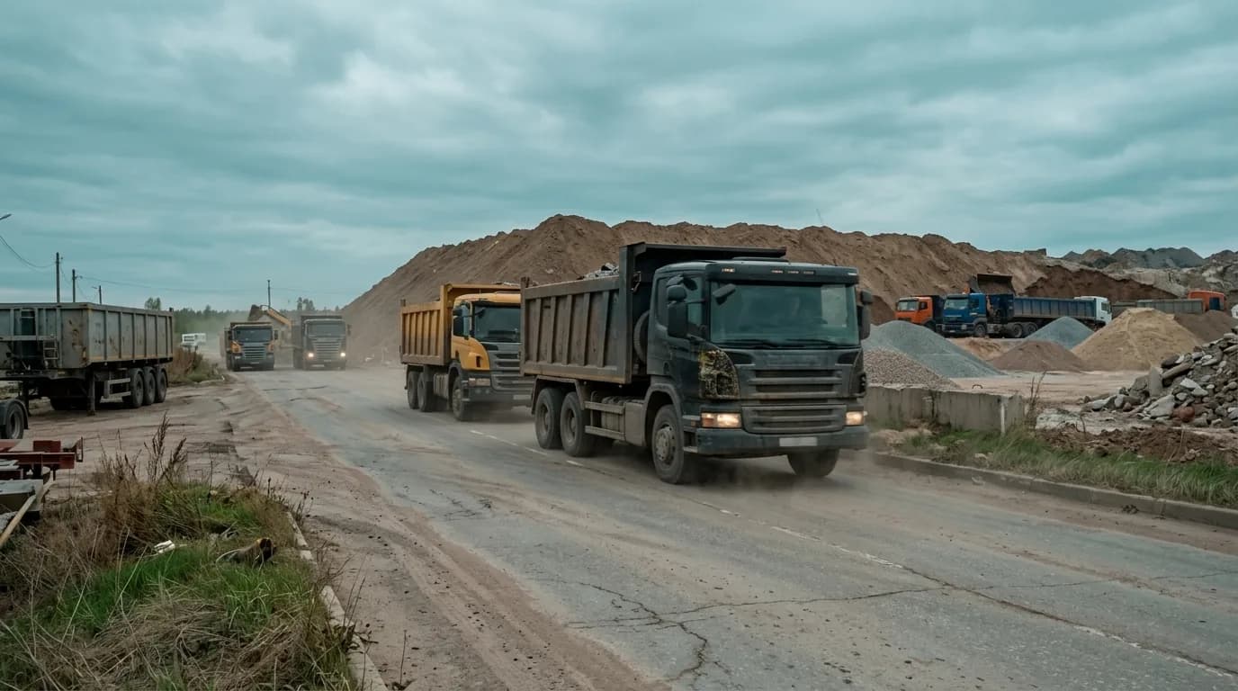 Колонна самосвалов на трассе — цифровой контроль рейсов IQoko